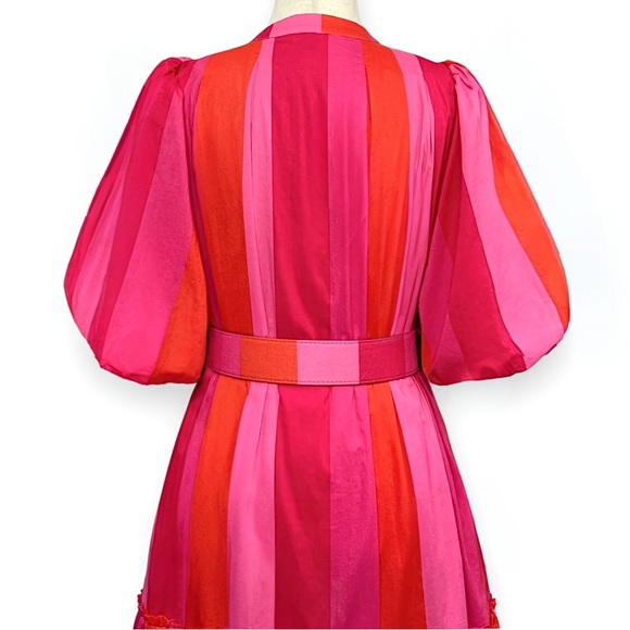 J.Marie Puffed Sleeve Belted Shirt Dress The Rae Pink Orange Stripes Size S - Picture 7 of 11